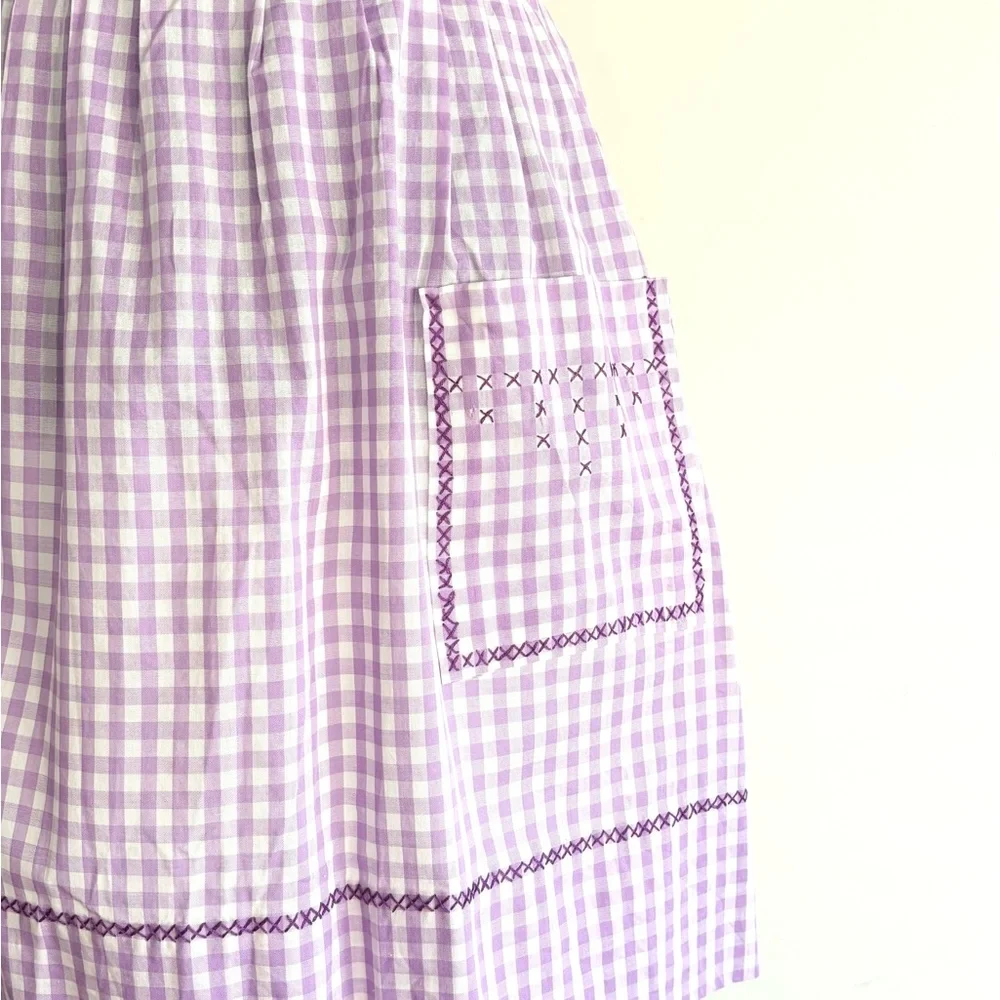 Vintage Handmade Apron Purple Gingham Tie Back , Pocket Cross Stitch Detailing